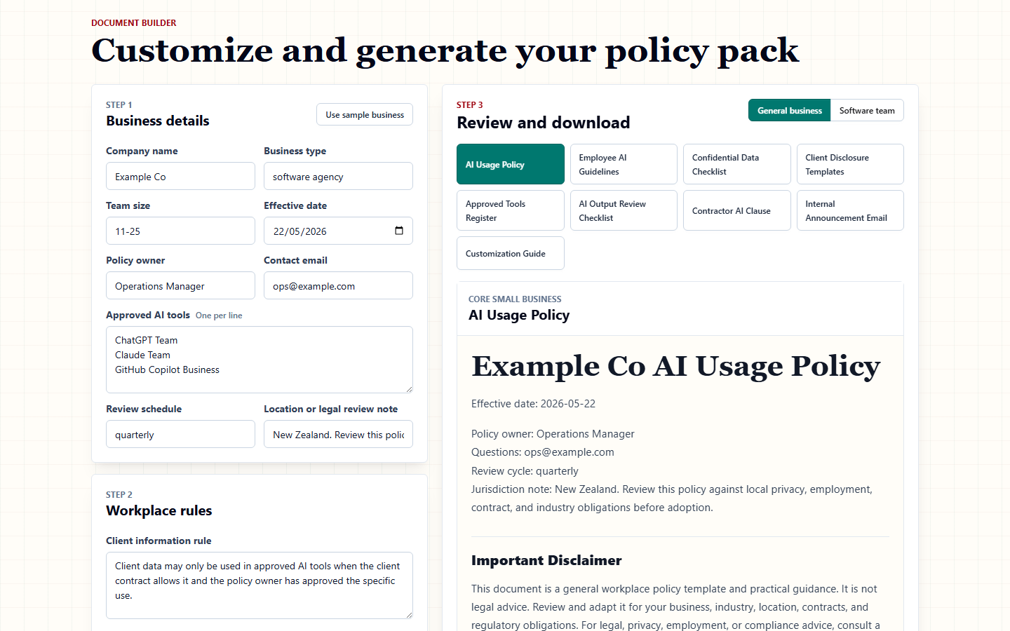 AI Policy Starter Kit builder showing business details, policy document picker, and generated preview